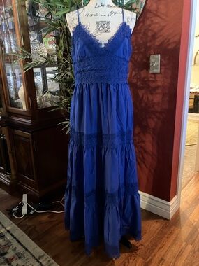 ANTONIO MELANI cobalt blue cotton and lace tiered maxi dress SZ 12